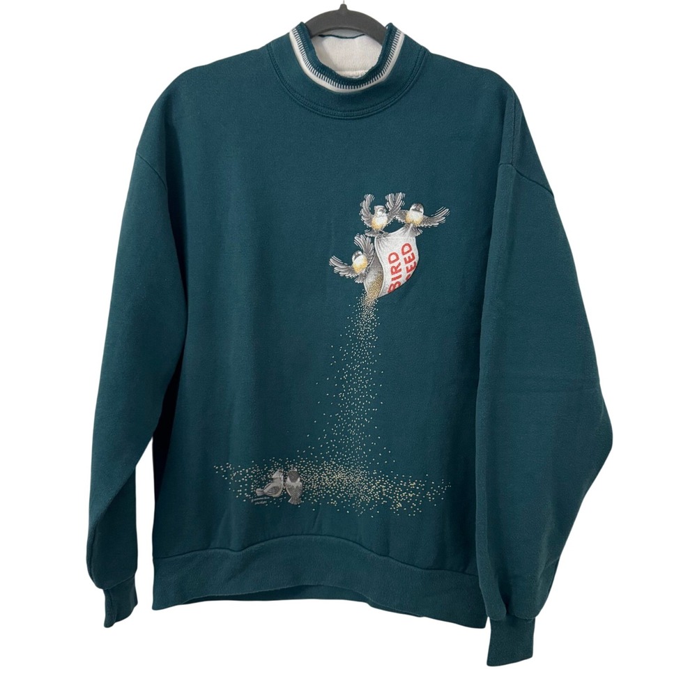VTG Morning Sun Crewneck L Teal Birdies‎ Birds Eating Cottagecore Mock Neck